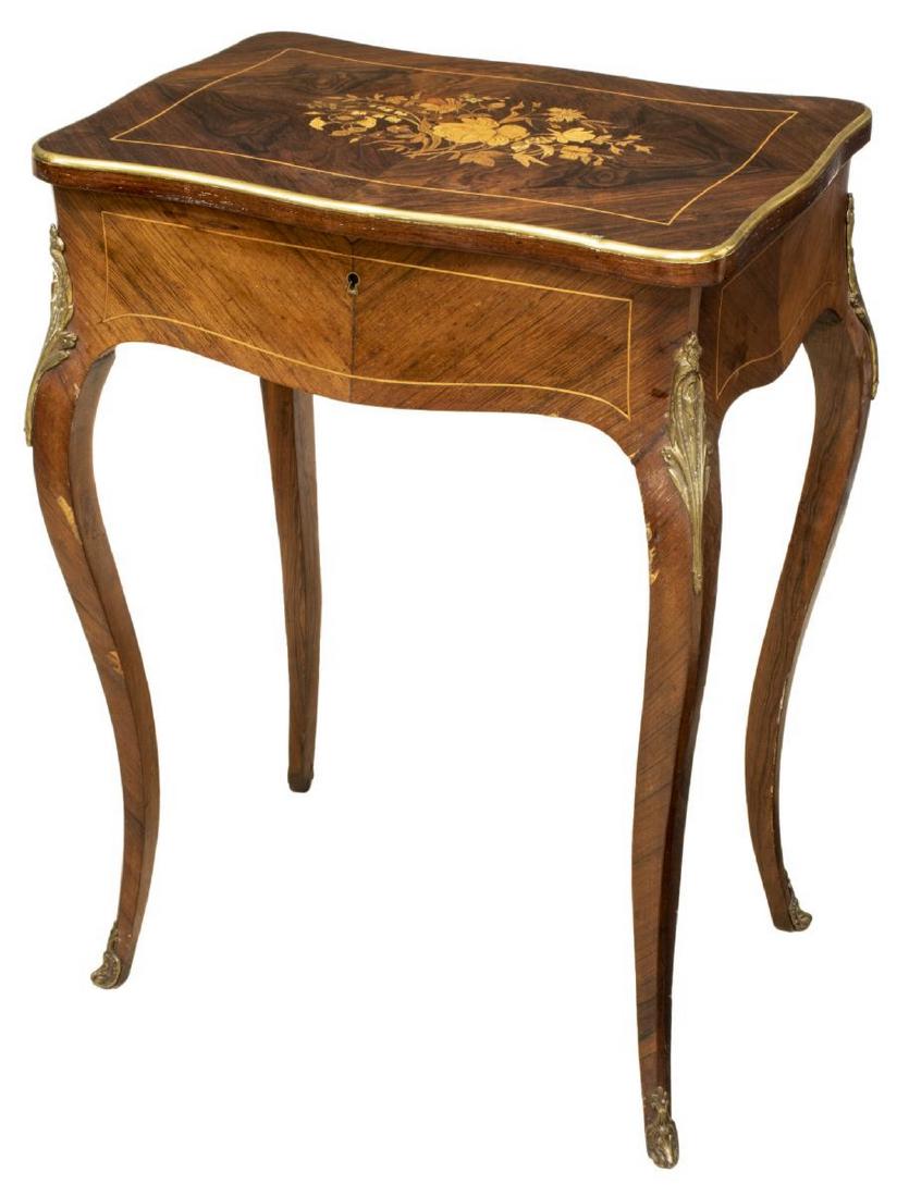 FRENCH LOUIS XV STYLE DRESSING TABLE: French Louis XV style dressing table, 20th c., in a matched veneer, accented by gilt metal, floral marquetry and stringwork, the top opening to a fitted interior with mirror, rising on cabriole legs, 