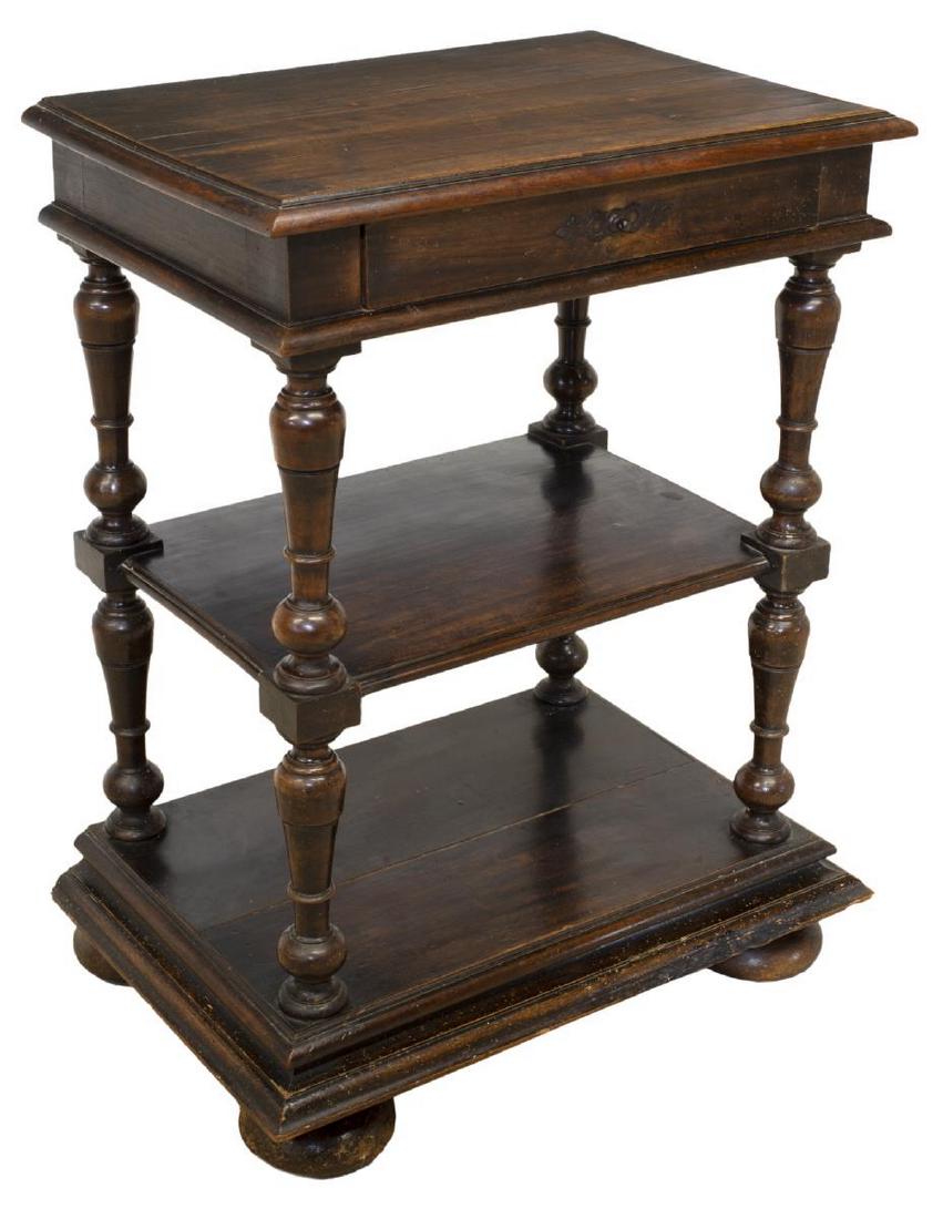 FRENCH LOUIS XIII STYLE DIMINUTIVE TIERED SERVER: French Louis XIII style diminutive tiered server, late 19th c., the stepped cornice top over an open medial shelf, rising on turned legs, ending in bun feet, approx 38"h, 28"w, 19"d Start Price: $200.