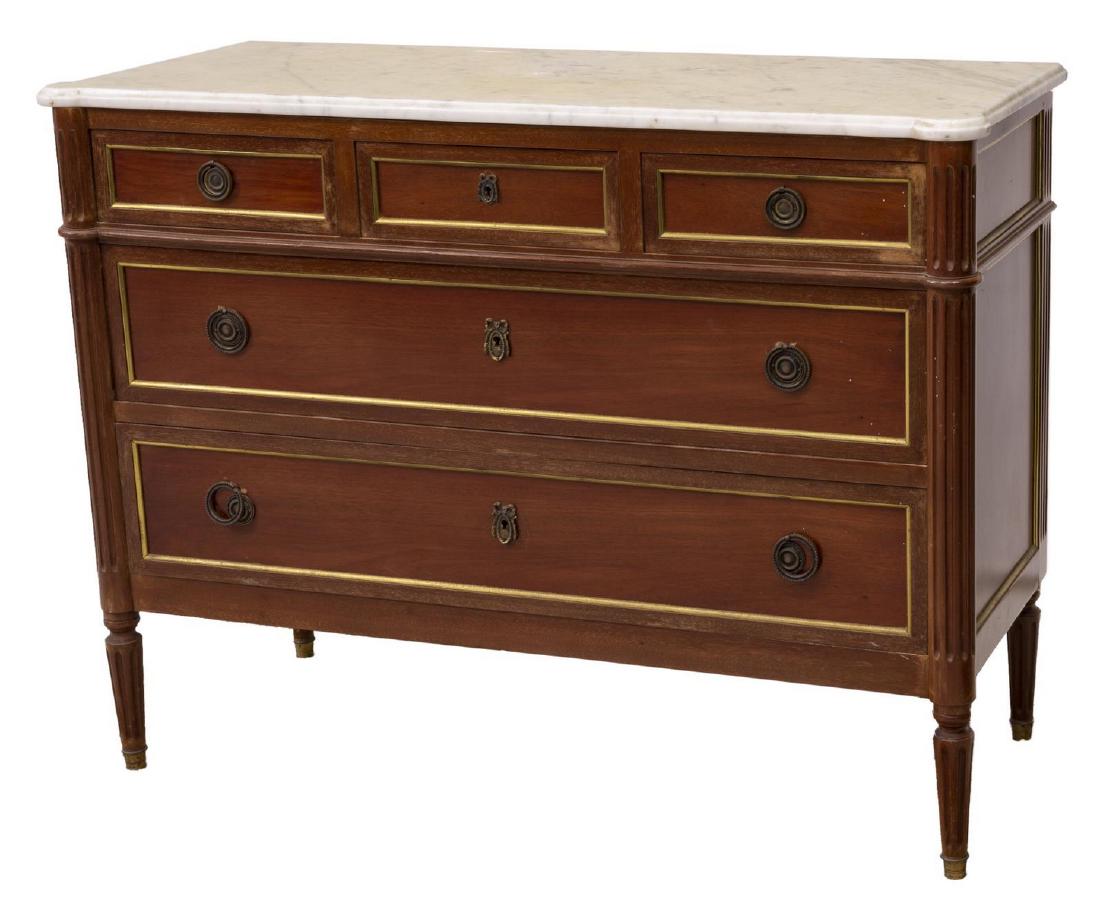 FRENCH LOUIS XVI STYLE MARBLE-TOP MAHOGANY COMMODE: French Louis XVI style mahogany commode, late 19th/ early 20th c., having marble top above five drawers, rising on fluted legs, approx 33.5"h, 44.75"w, 18.5"d Start Price: $300.00
