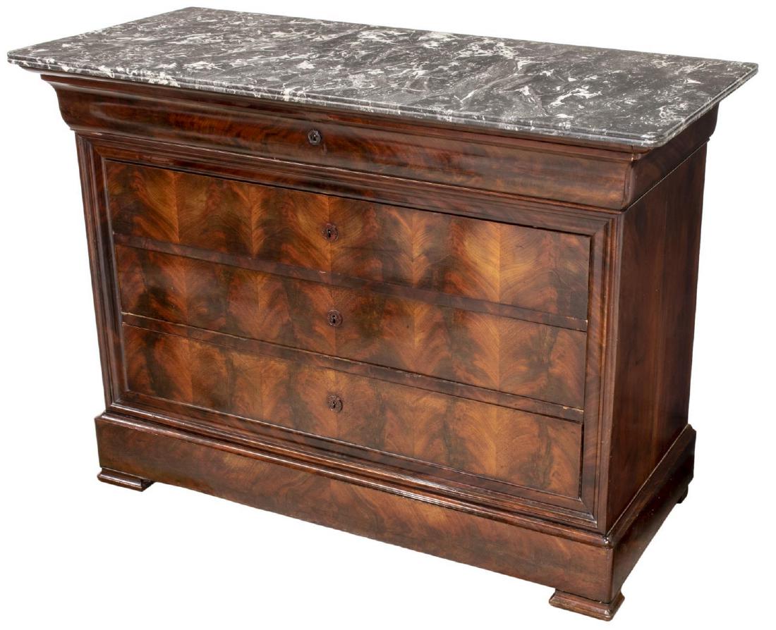 FRENCH CHARLES X MARBLE-TOP MAHOGANY COMMODE: French Charles X mahogany commode, 19th c., having marble top above five drawers, the top drawer interior sectioned, approx 36.75"h, 50"w, 22.5"d Start Price: $350.00