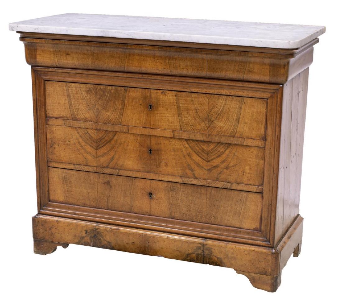FRENCH CHARLES X MARBLE-TOP WALNUT COMMODE: French Charles X commode, early 19th c., having a white marble top over four drawers, all rising on bracket feet, approx 38.75"h, 45.75"w, 20.5"d Start Price: $350.00