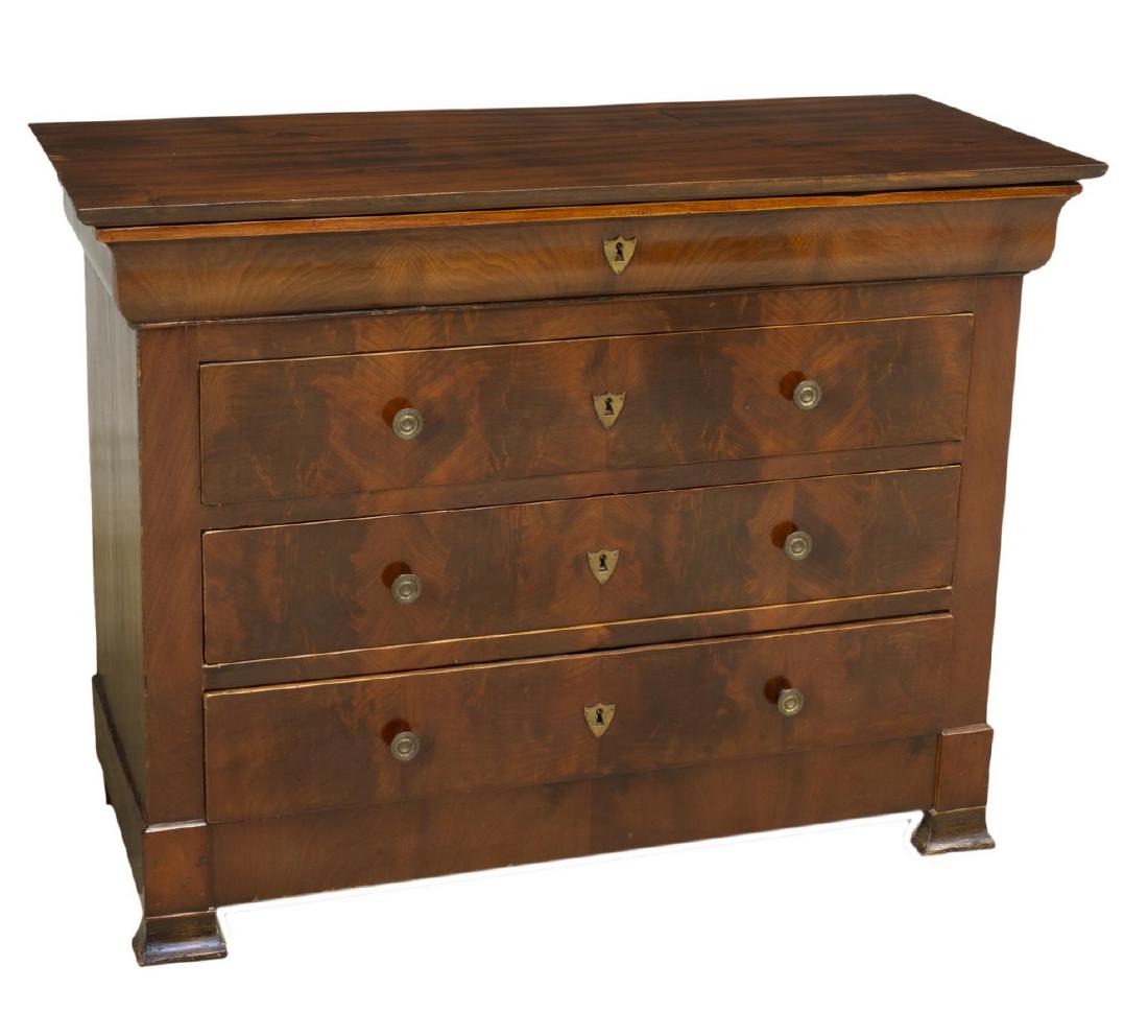 FRENCH LOUIS PHILIPPE MAHOGANY COMMODE: French Louis Philippe mahogany commode, late 19th c., having four drawers, accented by gilt metal hardware, approx 34"h, 44.25"w, 18.25"d Start Price: $300.00