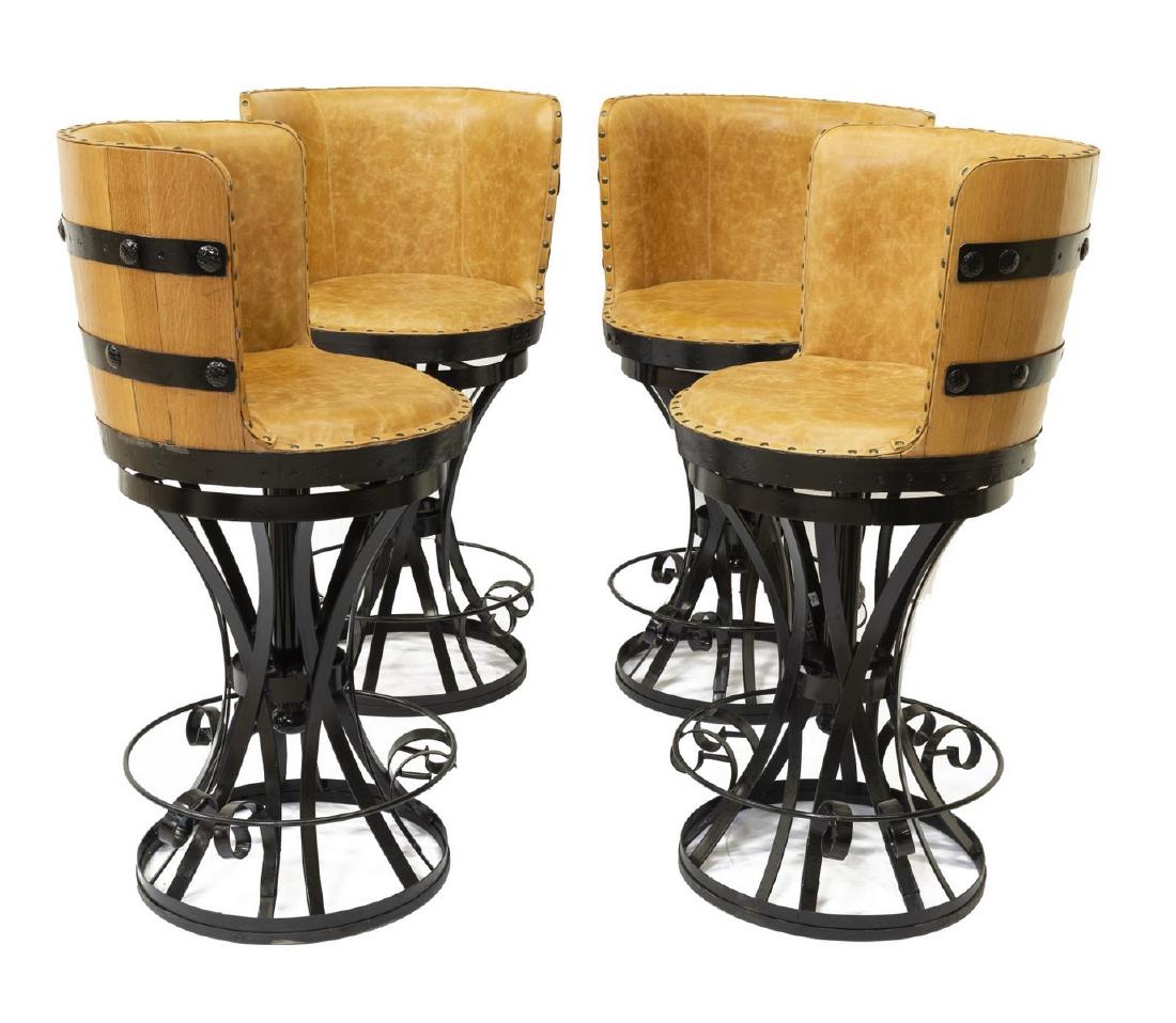 (4) OAK SLATTED BARREL BACK SWIVEL BAR STOOLS