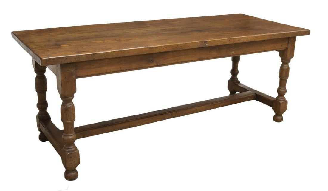 FRENCH OAK FARMHOUSE TABLE ON TURNED LEGS: French oak farmhouse table, 20th c., rectangular top, over plain apron, with drawer at one end, rising on H-stretcher joined turned legs, ending in bun feet, approx 30"h, 79"w, 31"d Start Price: $300.