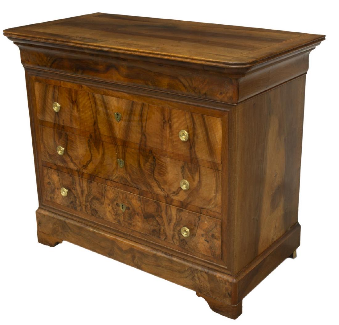 FRENCH LOUIS PHILIPPE STYLE WALNUT COMMODE: French Louis Philippe style walnut commode, late 19th/ early 20th c., overhanging top with rounded front corners, top ogee drawer over three additional drawers, with figured drawer fronts, shield-form