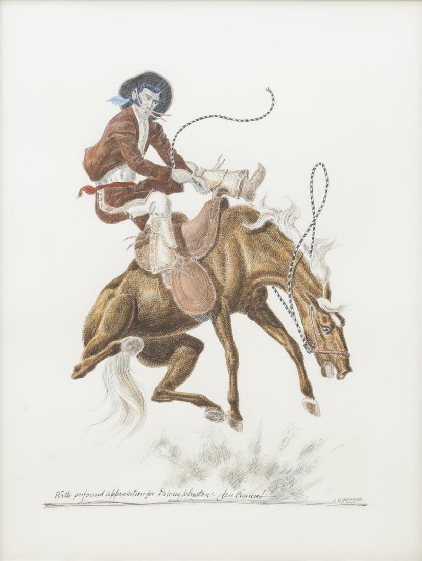JOSE CISNEROS (D.2009) VAQUERO ON BUCKING HORSE: Framed watercolor and ink drawing on paper, "Vaquero - 1845," signed lower right Jose Cisneros (Texas, 1910-2009), dedicated lower center, titled on the reverse of the frame, accompanied by a letter d