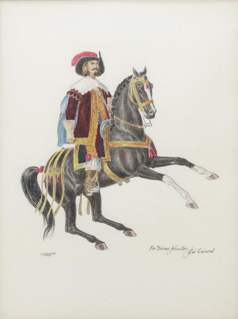 JOSE CISNEROS (D.2009) SPANISH GENTLEMAN ON HORSE: Framed watercolor and ink drawing on paper, "Spanish Gentleman- Mid XVII Century," signed lower left Jose Cisneros (Texas, 1910-2009), dedicated lower center, titled on the reverse of the frame, accom