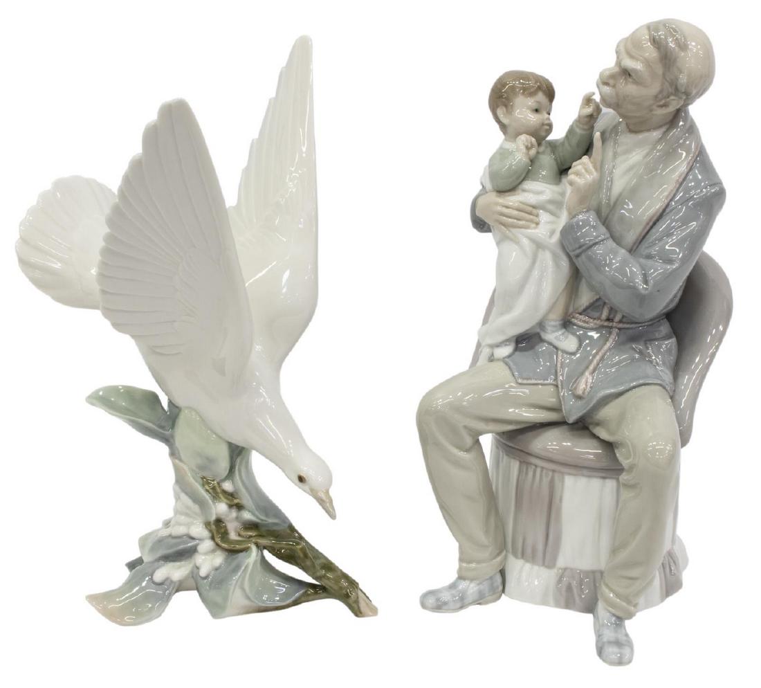 (2) LLADRO PORCELAIN FIGURES, MAN W/ CHILD & DOVE: (lot of 2) Lladro porcelain figures, comprising: (1) depicting a seated man playing with a child, (1) "Turtle Dove," with wings outstretched, perched on a branch, each marked underfoot, largest: appro