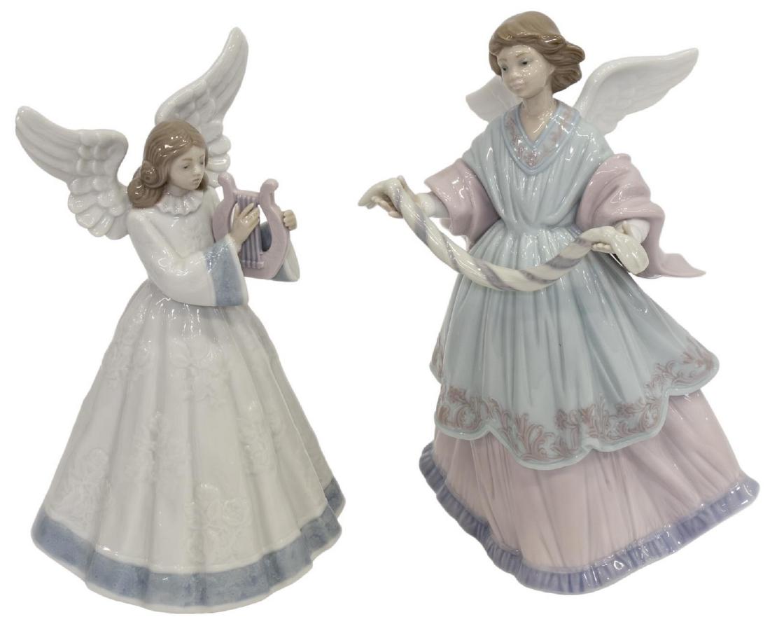 (2) LLADRO PORCELAIN ANGEL TREE TOPPERS: (lot of 2) Lladro porcelain figure tree toppers, comprising: (1) Angel with Harp, and (1) Joyful Offering, #6125, each marked underfoot and contained in the original packaging, largest approx 8.75"h,