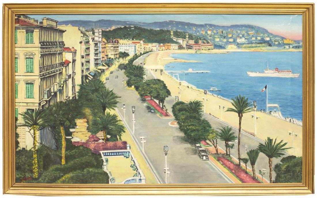 GINO VACCAI PROMENADE DES ANGLAIS, NICE PAINTING: Framed oil on canvas painting, Promenade des Anglais, Nice, signed Gino Vaccai, and dated 1953 lower right, sight: approx 22.5"h, 38"w, overall: 25.5"h, 41"w, 5.25lbs Start Price: $150.00