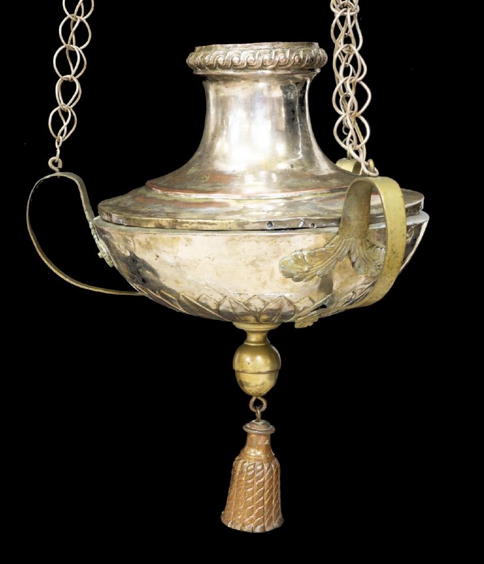 SILVER-TONE CENSER FASHIONED AS 1-LT CHANDELIER: Silver-tone metal censer, now fashioned as a chandelier, suspended from three chains, concealing a single interior light, looped handles with foliate joins, stiff leaf band in relief, drop finial with