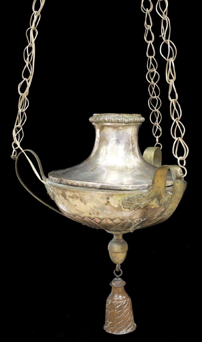 SILVER-TONE CENSER FASHIONED AS 1-LT CHANDELIER: Silver-tone metal censer, now fashioned as a chandelier, suspended from three chains, concealing a single interior light, looped handles with foliate joins, stiff leaf band in relief, drop finial with