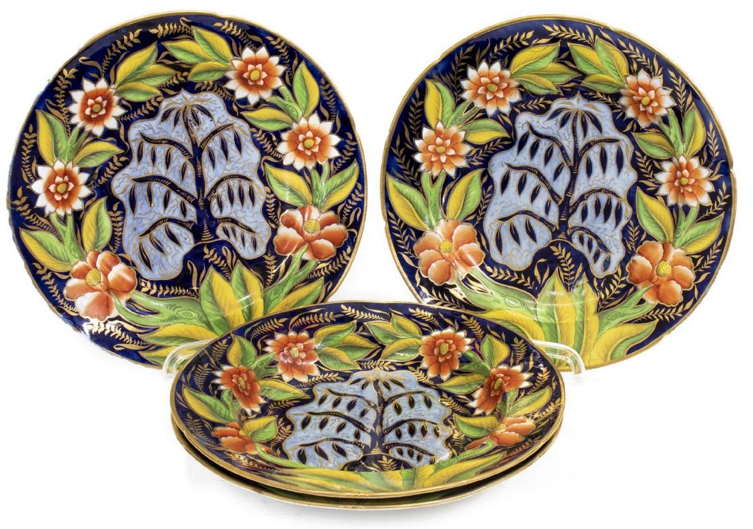 (4) ENGLISH TREE OF LIFE COBALT PLATES, SOUP BOWLS: (lot of 4) English tableware, with dark cobalt glazed ground, tobacco leaf variant with red and white floral blooms, central tree motif with gilt foliates, unmarked, including: (2) plates, 9 7/8"diam,