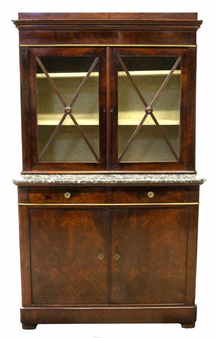 FRENCH FLAME MAHOGANY DISPLAY CABINET: French mahogany display cabinet,, 19th c., the upper part double glazed doors astragal faced display cabinet set on the marble top lower part having two drawers over two drawers, rising on the plinth 