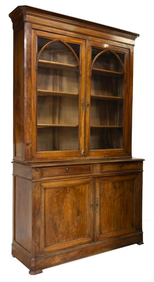 FRENCH LOUIS PHILIPPE GLAZED BOOKCASE: French Louis Philippe bookcase, mid to late 19th c., having cornice top, glazed double doors, with pointed arch molding, opening to shelves, over lower case fitted wtih two drawers over double-door ca