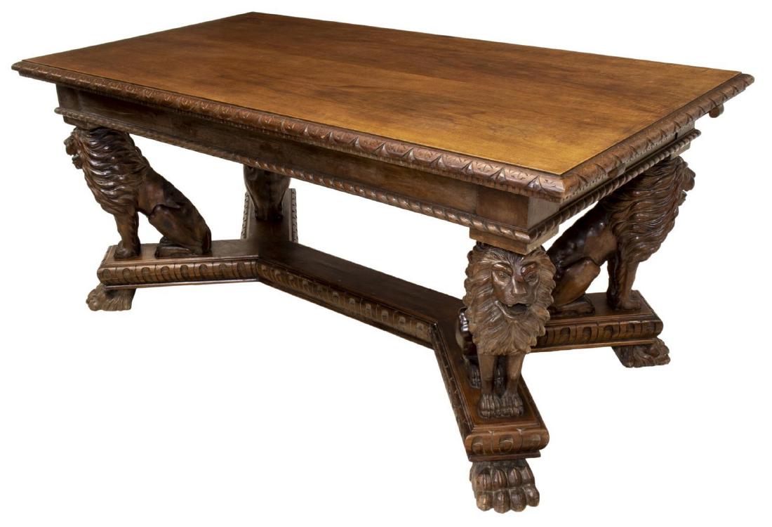CONTINENTAL RENAISSANCE REVIVAL EXTENSION TABLE: Continental Renaissance Revival carved extension dining table, early 20th c., the tabletop accented by running ornamentation, rising on stretcher joined legs carved in form of lions, approx 30.75"h, 7