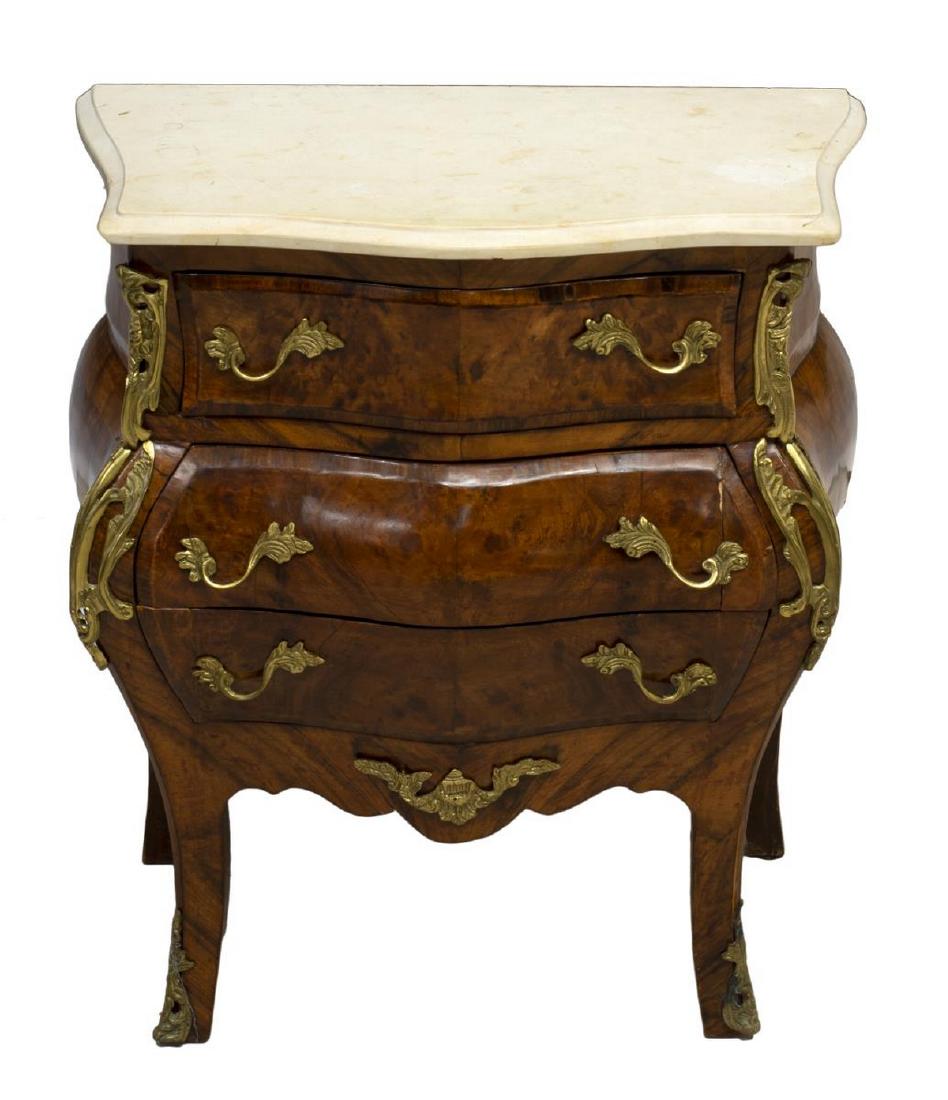 LOUIS XV STYLE STONE TOP BURLWOOD BOMBE COMMODE: Louis XV style burlwood bombe commode, 20thc., having molded stone top, over the ornate case with foliated gilt metal mounts and hardware, approx 29.5"h, 26"w, 14"d Start Price: $200.00