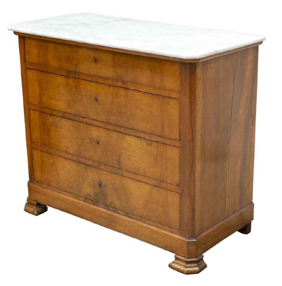 FRENCH LOUIS PHILIPPE MARBLE-TOP WALNUT COMMODE: French Louis Philippe walnut commode, 19thc., marble top over the canted case fitted with four drawers, on stepped feet, extensive restoration to marble top, approx 36.75"h, 43.75"w, 20.25"d Start Pri