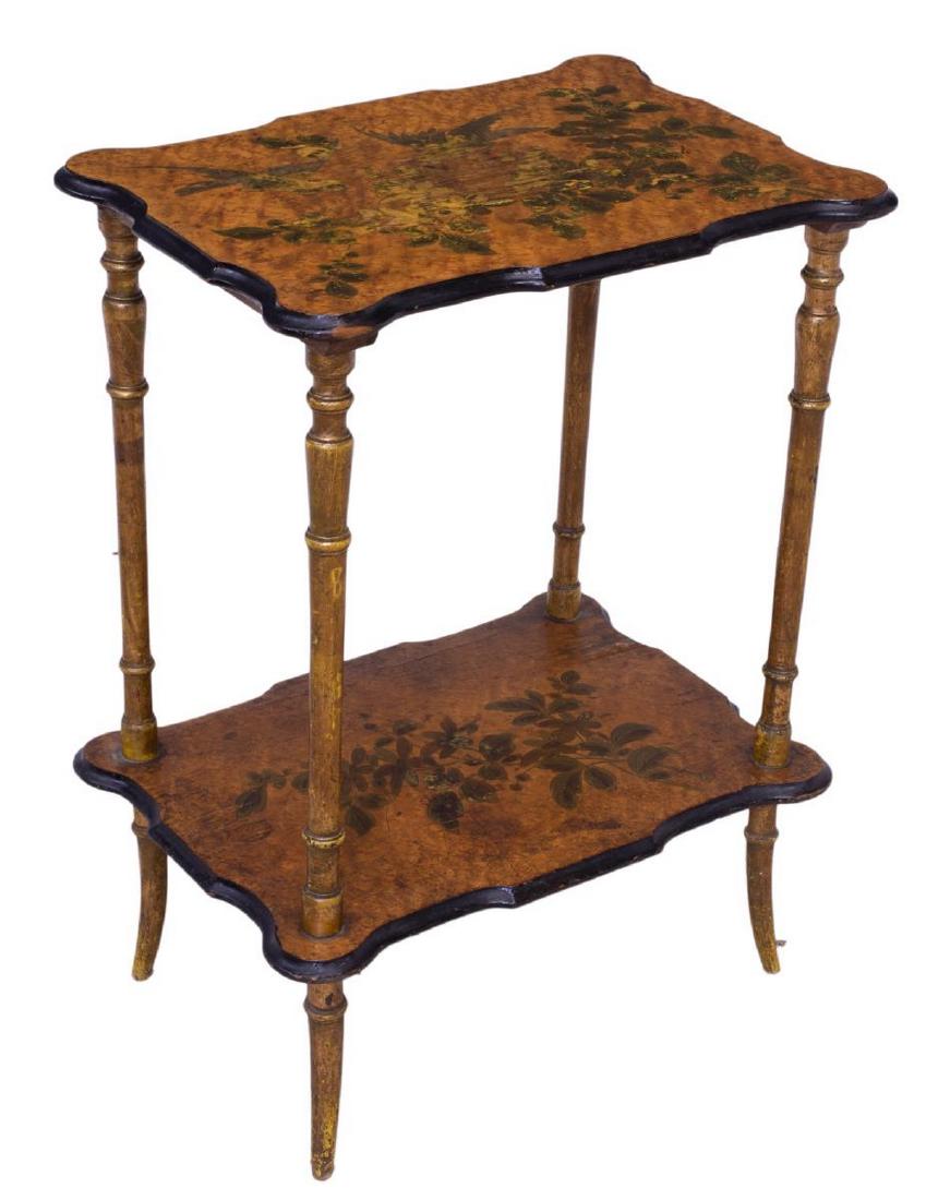 FRENCH PAINTED TWO-TIERED SIDE TABLE: French painted two-tiered side table, 20th c., having floral, bird and foliate motifs, with two shelves, turned standards, splits and raising to veneer of shelves at center, approx 14.75"h, 20.75"w, 2