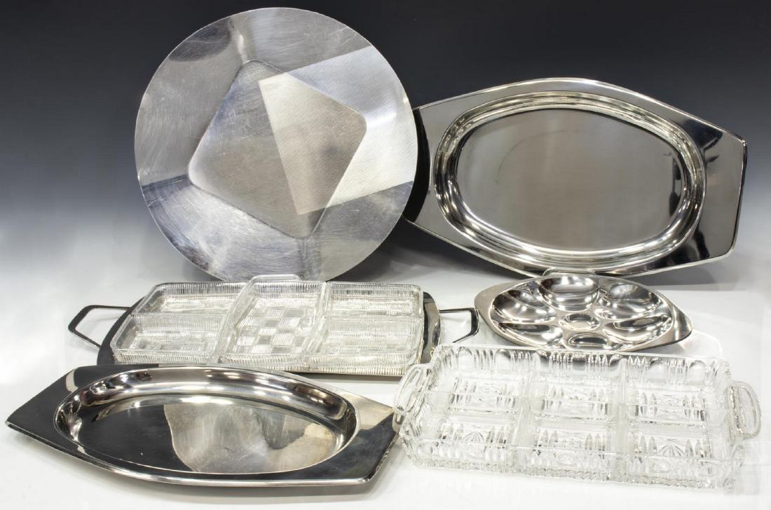 (8) COLLECTION OF METAL & GLASS SERVING TRAYS: (lot of 8) Collection of metal and glass serving trays, 20th c., comprising: (3) metal oyster plates, (2) elongated metal serving trays, (1) circular metal serving tray, (1) metal tray with sectioned