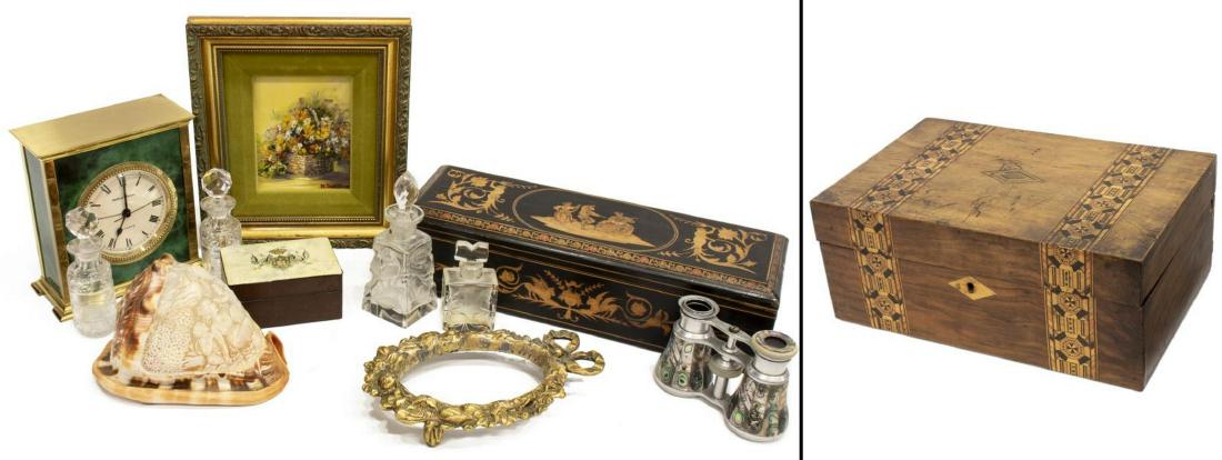 (LOT)CAMEO CONCH SHELL, INLAID BOXES, CLOCK & MORE: (lot) Collection antique and vintage table items, highlights include (1) Tunbridge inlaid table box with restoration and worn interior, (1) cameo conch shell, cut with beauty surrounded by putti, (1)