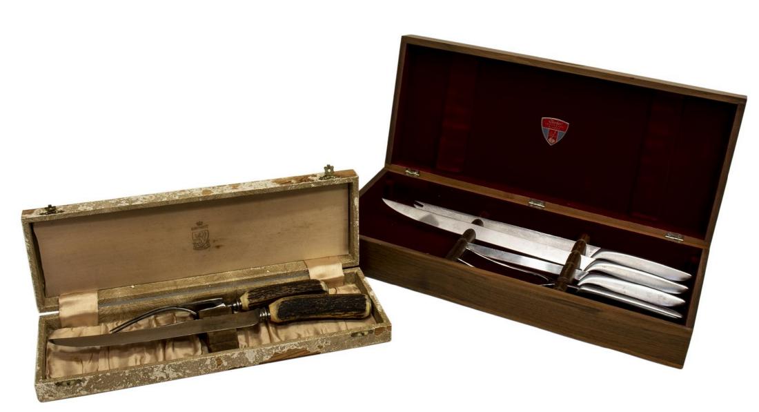 (2) CARVING SETS, GERBER MODERN LOOK & KIRK & MATZ: (lot of 2) Carving sets: (1) Gerber Snickersnee Legendary Blades five piece set in lined wood box, steel blades with aluminum handles; (1) Kirk & Matz Sheffield two piece set with stag handles, housed