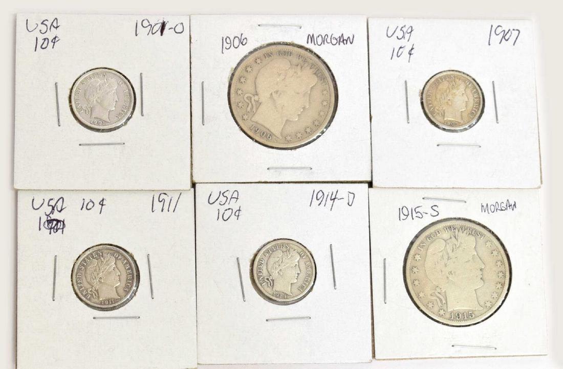 (5) U.S. SILVER COINS, BARBER DIMES & HALF DOLLARS: (lot of 5) U.S. silver coins: (4) Barber / Liberty Head dimes, 1901 O, 1907, 1911, 1914; (2) Barber / Liberty Head half dollars, 1906, 1915 S Start Price: $40.00