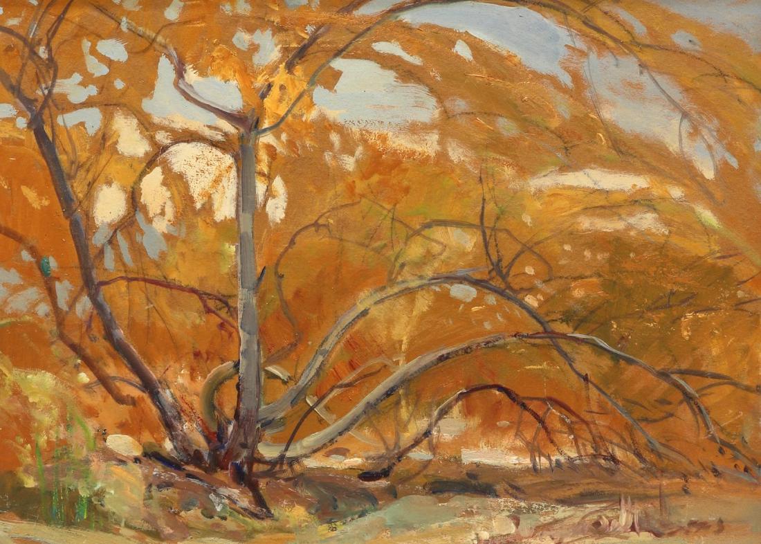 FREDERICK W. BECKER (D.1974) 'DESERT HOT WELL': Framed oil on board painting, "Desert Hot Well," signed Frederick W. Becker (Fred William Becker, New York, Oklahoma, 1888-1974), and titled verso, sight: approx 8.5"h, 11.5"w, overall: approx 15.5"h,