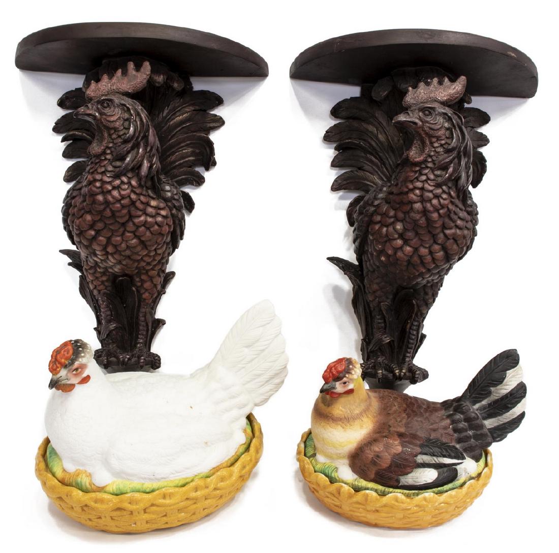(4) ROOSTER WALL BRACKETS & HENS ON NESTS: (lot of 4) Roosters and hens: (pair) resin rooster form wall brackets, each demi shelf over the fully body figure of a rooster, some small losses, approx 19.75"h, 12.25"w, 6.75"d; (2) Staffordshire st