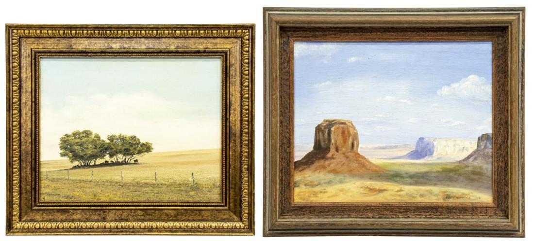 (2) WESTERN PAINTINGS, SIGNED LANDINGHAM, LUNSFORD: (lot of 2) Framed western paintings, including: (1) oil on canvas, Cattle under the Shade of the Trees, signed lower left Landingham, stamp verso for Ann Page Art Studio, Waco, Texas, sight: approx 7.