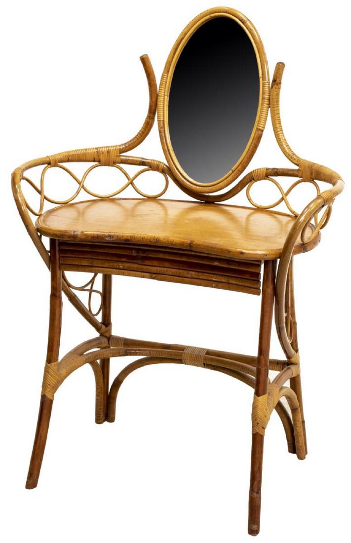 BENTWOOD FAUX BAMBOO MIRRORED VANITY TABLE: Mirrored vanity table, mid 20th c., bentwood with rattan wrapping, an oval mirror flanked by bentwood faux bamboo rails over the kidney form top, a single drawer, rising on stretcher joined splayed su