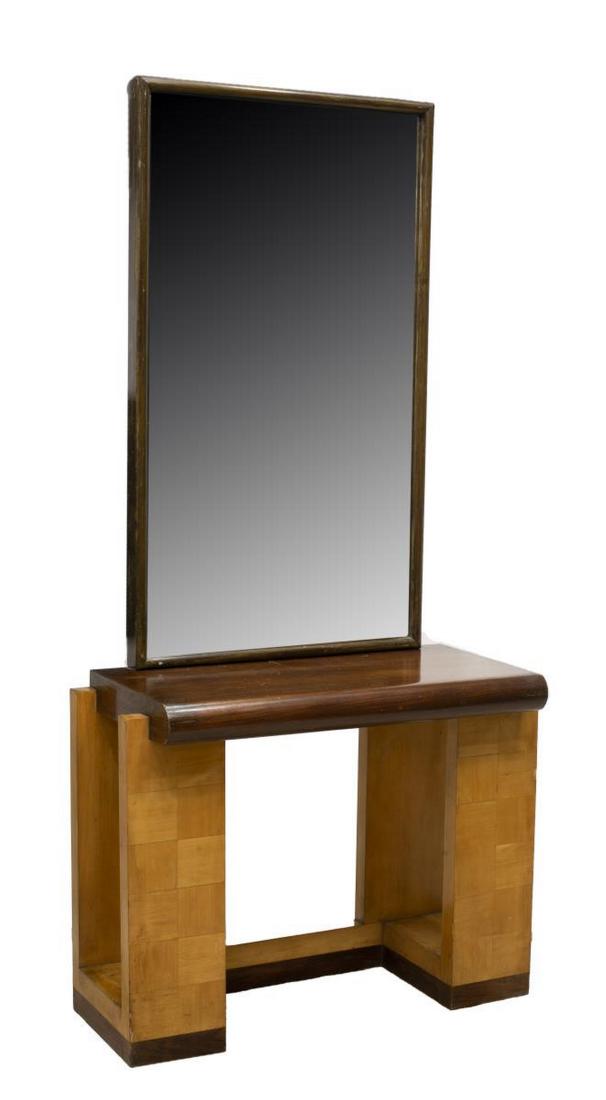 FRENCH ART DECO CONSOLE TABLE & MIRROR: French Art Deco console table and mirror, c. 1930s, flat mirror plate with etched fretwork border, over mixed rosewood and maple table, stylized base with parquetry-faced legs, approx 71"h, 34.5"w, 16