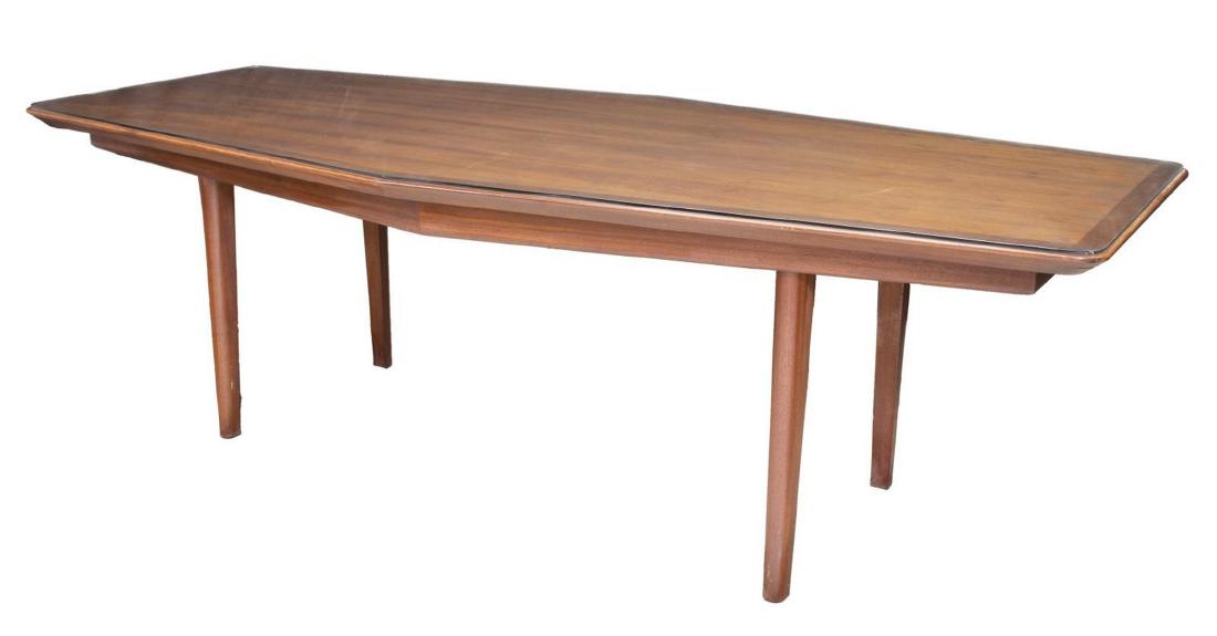 MID-CENTURY MODERN TEAK TABLE, 96"L: Mid-century modern teak table, elongated hexagonal tabletop under glass top, rising on tapered legs, approx 30.25"h, 96"l, 41.25"w Start Price: $200.00