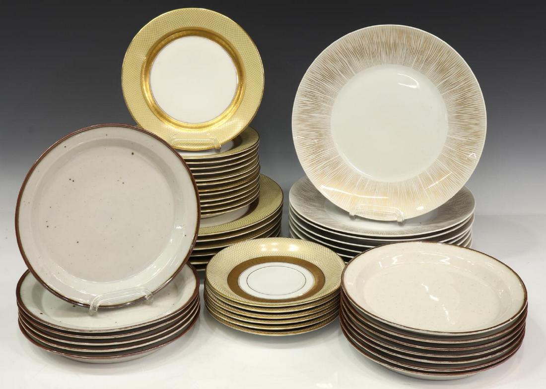 (46) MIXED DINNERWARE CHINA, ROSENTHAL & DANSK: (lot of 46) Mixed dinnerware: (13) Rosenthal Golden Grail dinner plates, 10.5" diameter; (6) Rosenthal Golden Grail saucer plates, 7" diameter; (6) Rosenthal Golden Grail cake plates, 7.75" diameter; 