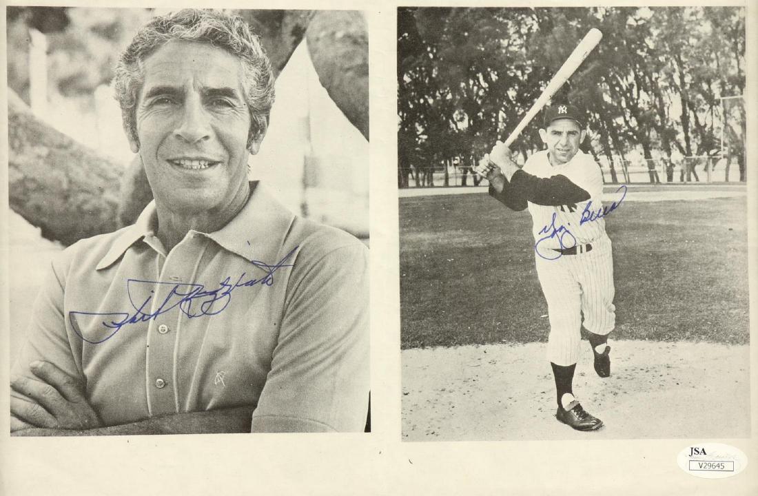 SIGNED PHIL RIZZUTO, YOGI BERRA PICTURE, JSA: Framed signed photo picture of baseball player legends Yogi Berra and Phil Rizzuto, both signed in blue ink and authenticated by JSA, James Spence Authentication #V29645, overall:10.75"h, 13.25"w, 1.2