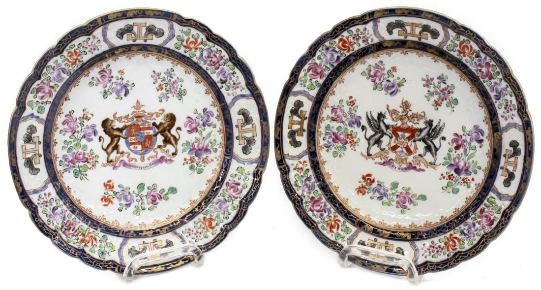 (2) SAMSON OF PARIS ARMORIAL PORCELAIN PLATES: (lot of 2) Samson of Paris porcelain plates, late 19th c., in the style of Chinese Export armorial wares, parcel gilt cobalt border, band of polychrome floral sprays, raised rocaille sprigs, centering