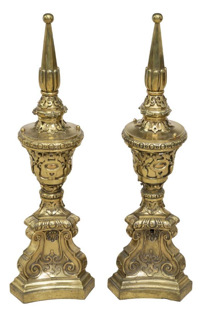 (2) LARGE CONTINENTAL BRONZE GARNITURE DECORATIONS: (pair) Large Continental gilt bronze garnitures, 19thc., possible altar decorations, each element having a ball form finial over spired top and urn form body on tripartite base, ornate motifs run thro