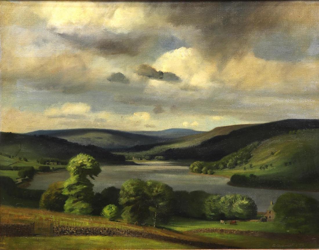 ANNE BROOKE (D.2002) YORKSHIRE LANDSCAPE PAINTING: Framed oil on canvas painting, "Nidderdale, Yorkshire," signed A. Brooke (Anne Isabella Brooke, United Kingdom, 1916-2002), and dated 1953 lower right, The Royal Institute Galleries, London labels ver
