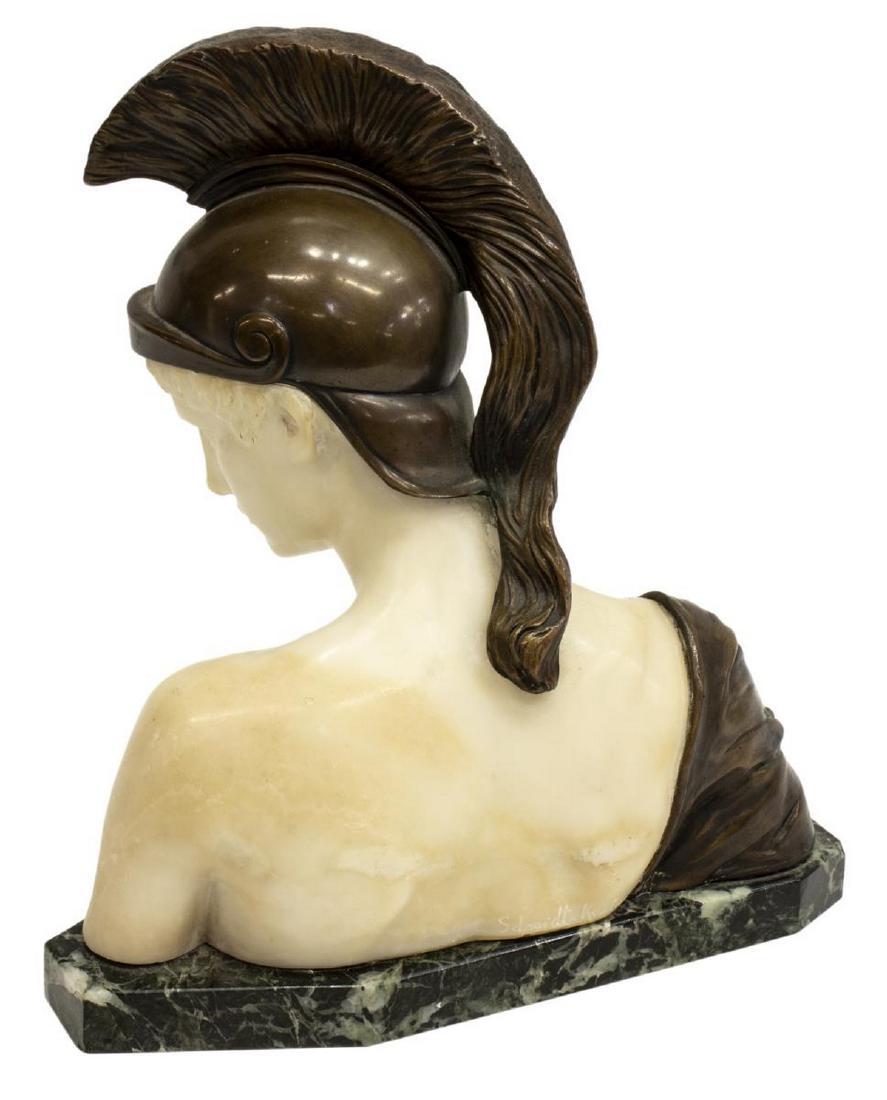SCHMIDT-KESTNER (1877-1941) BRONZE ALABASTER BUST: Alabaster and bronze sculpture, Bust of a Roman Solider, mounted on a marble base, signed Schmidt-Kestner (Erich Schmidt-Kestner, German, 1877-1941), and dated 1909 at the back, overall: 10.5"h, 9.25"