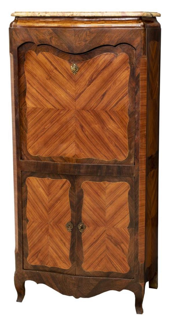 LOUIS XV STYLE PARQUETRY ROSEWOOD SECRETARY: French Louis XV style rosewood secretaire a abattant, 20th c., the shaped marble top above a parquetry design, over a fall front door opening to a sectioned interior and embossed writing surface, two 