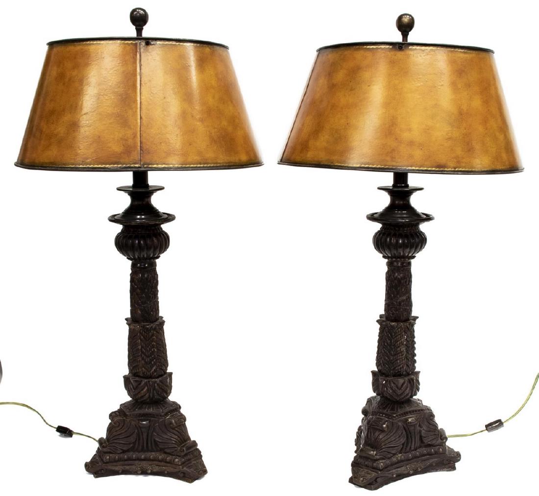 (2) MAITLAND SMITH PATINATED BRONZE COLUMNAR LAMPS: (pair) Maitland Smith patinated bronze table lamps, two lights concealed by leather-clad shade, over columnar standard with gadrooning and stiff leaf bands, tripartite base with scrolled supports, app