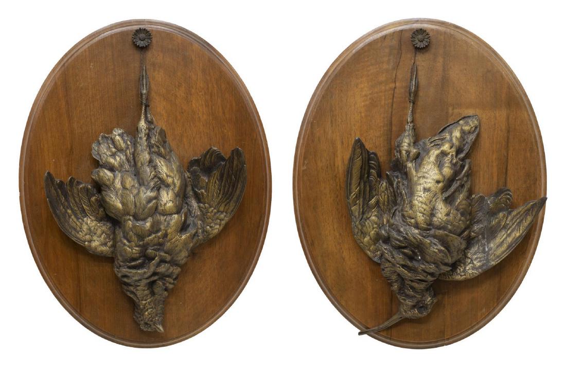 (2) FRENCH BRONZE GAME BIRDS AFTER JULES MOIGNIEZ: (pair) French bronze game birds, 19thc., in the manner of Jules Moigniez (France, 1835-1894), each mounted on oval wood plaque, one with possible restoration to wing, approx 18"h, 14.5"w, 10lbs **Prov