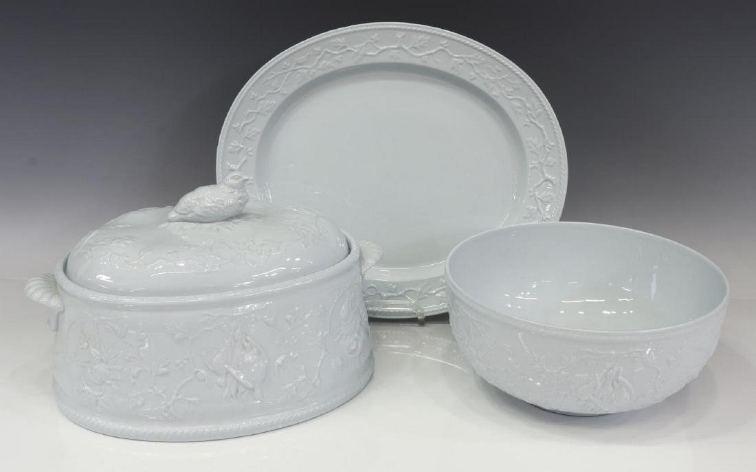 (3) ENGLISH SPODE HENRY IV ALENITE PORCELAIN GROUP: (lot of 3) Spode "Henry IV" alenite serviceware, 20th c., pale blue with raised hunting motifs, including: (1) lidded tureen with serving platter, 8.5"h, 13"w, 8.5"d, (1) serving bowl 4.75"h, 10"diam;