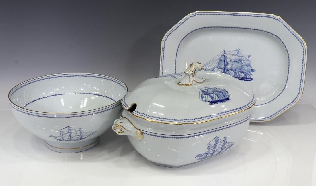 (3) ENGLISH SPODE TRADE WINDS BLUE SERVING PIECES: (lot of 3) English Spode "Trade Winds" serving dishes, 20th c., having blue ship motifs and border with gilt rim, including: (1) lidded tureen with matching underplate, 8.75"h, 13.75"w, 8.75"d; (1) se