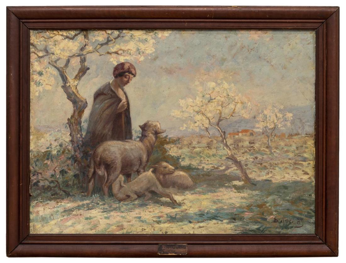 DIEUDONNE JACOBS (1887-1967) SHEPHERDESS PAINTING: Framed oil on canvas painting, now mounted on board, Bergere et Moutons (Shepherdess with Sheep), signed lower right D. Jacobs (Dieudonne Jacobs, Belgium, France, 1887-1967), sight: approx 32.25"h, 45