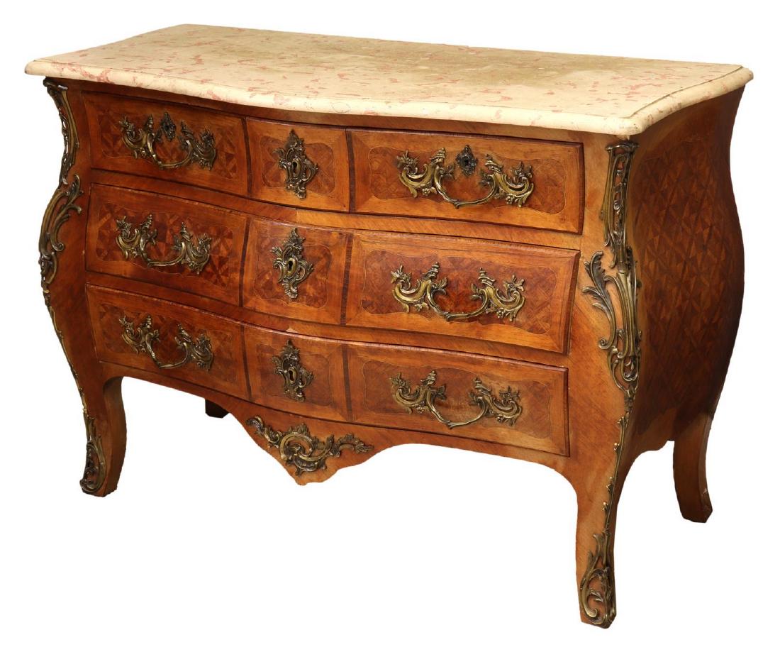 FRENCH LOUIS XV STYLE PARQUETRY COMMODE, 20TH C.: French Louis XV style commode, 20th c., the shaped marble top over six drawers with parquetry inlay, having gilt metal ormolu ornamentation, rising on cabriole legs, approx 35"h, 50"w, 24"d Start Pric