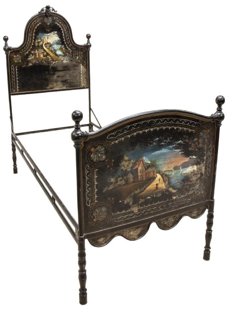 VICTORIAN TOLE PAINTED IRON BED W/ INSET ABALONE: Victorian tole painted iron bed, late 19th c., having foliate shaped accent at top of headboard, both headboard and footboard painted with village scene, accented by abalone or mother of pearl inlay,
