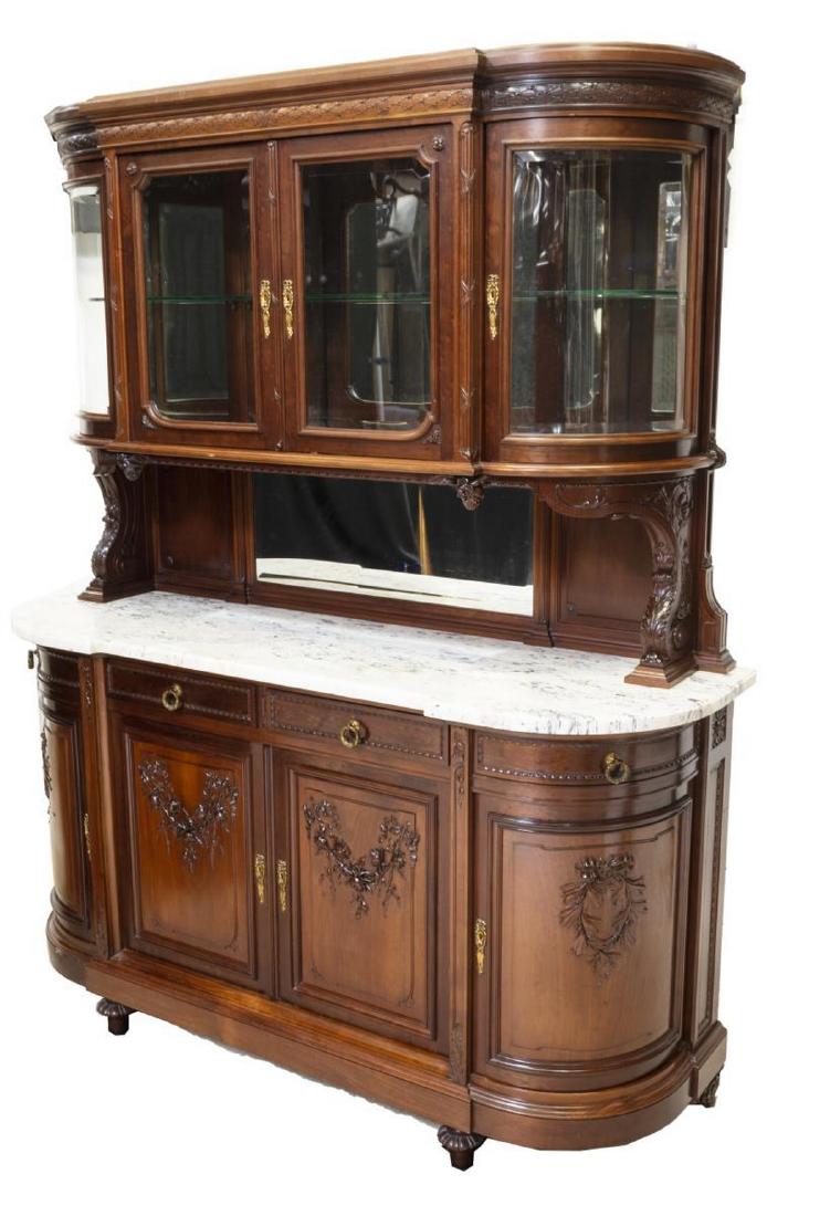 FRENCH LOUIS XVI STYLE MAHOGANY DEUX CORPS BUFFET: French Louis XVI style mahogany buffet deux corps, 19th c., accented throughout by running ornamentation, scrollwork and foliate elements, single upper cabinet behind four glass pane doors, fitted wit