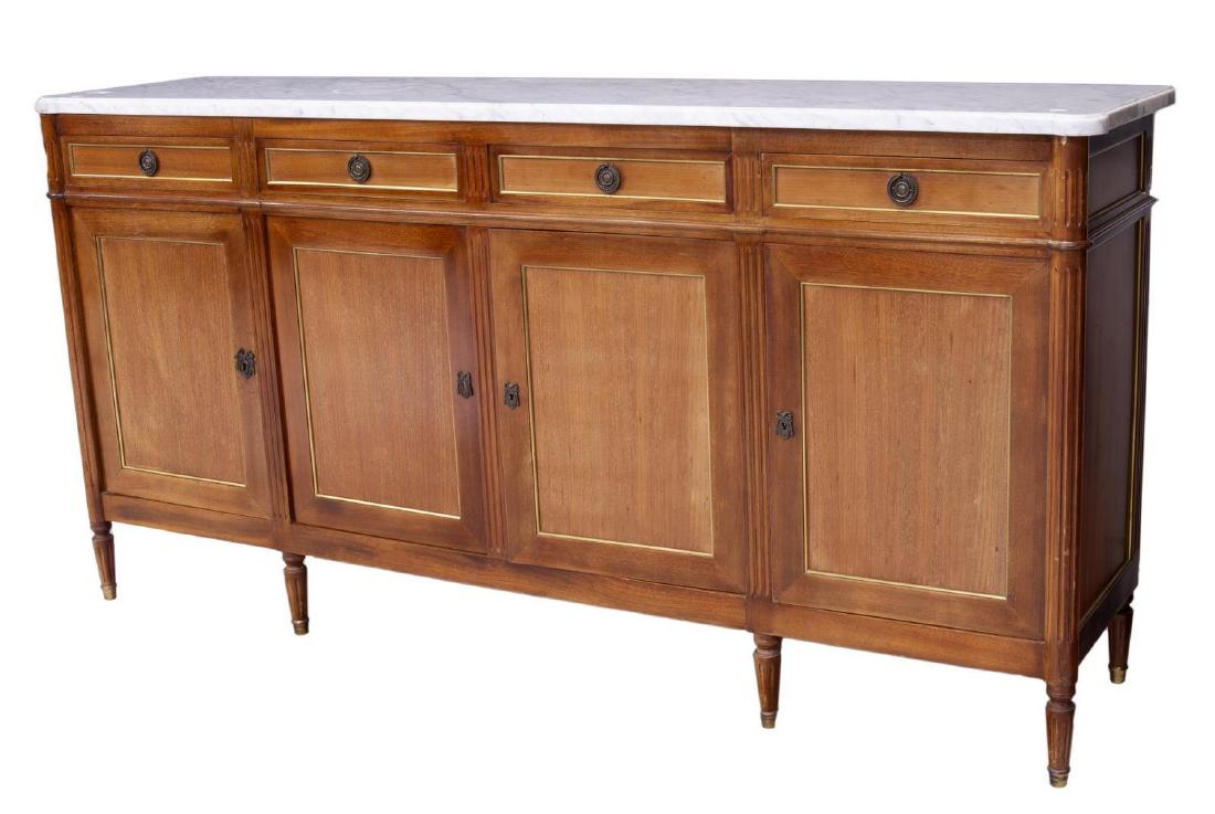 LOUIS XVI STYLE MARBLE-TOP MAHOGANY SIDEBOARD: French Louis XVI style mahogany sideboard, 20th c., long rectangular case with rounded corner posts and corresponding marble top, fitted with four drawers over four doors, rising on tapering fluted le