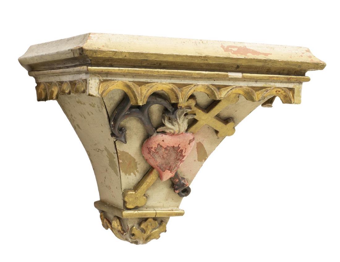 CONTINENTAL RELGIOUS PARCEL GILT CARVED BRACKET: Continental religious carved and gilded architectural wall bracket, 19thc., sacred heart over cross and anchor (faith, hope and love), with arcaded trim, some loss, approx 13"h, 13.75"w, 11"d, 6.25lbs